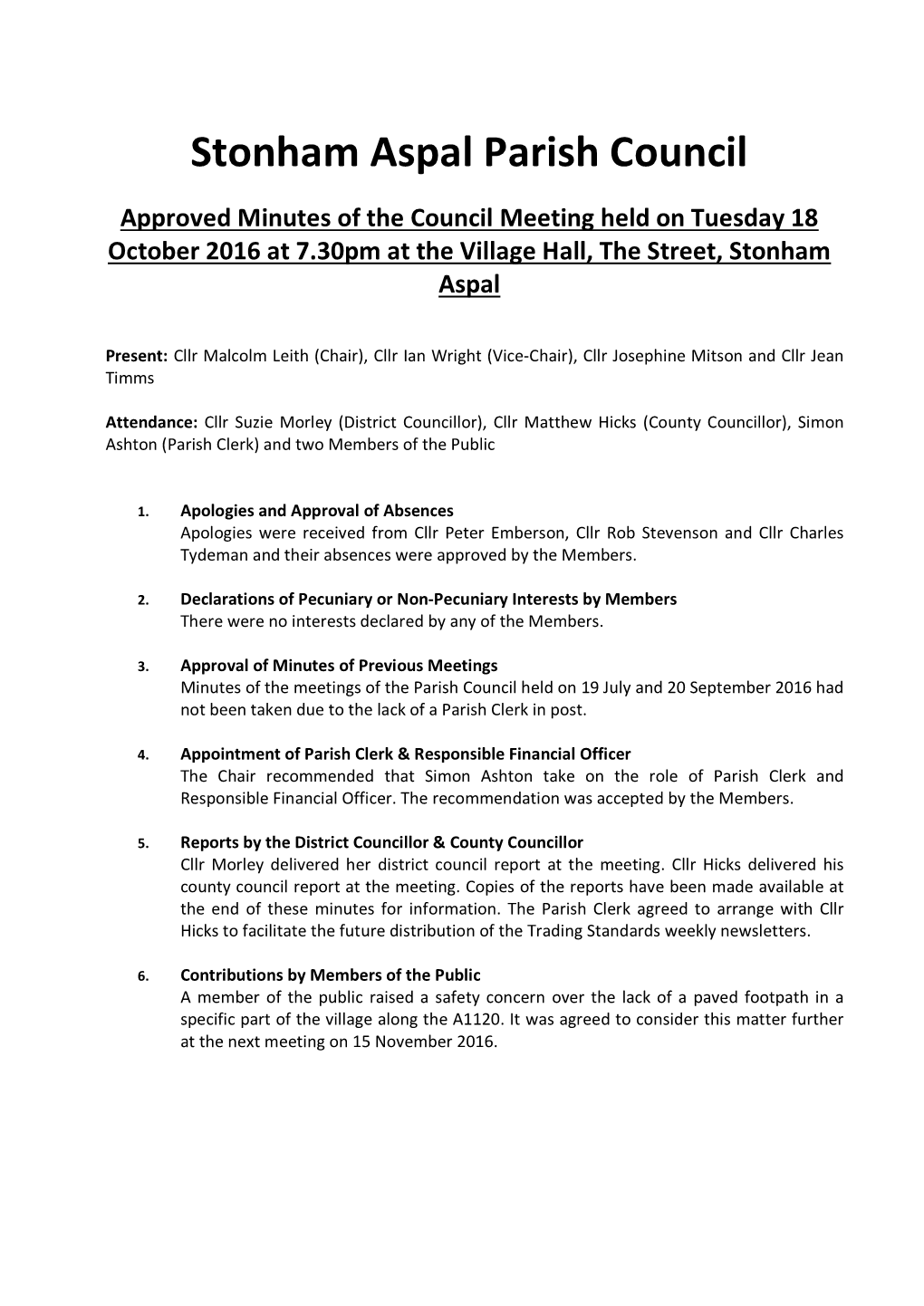 Parish Council Meeting on 18 October 2016 Approved Minutes