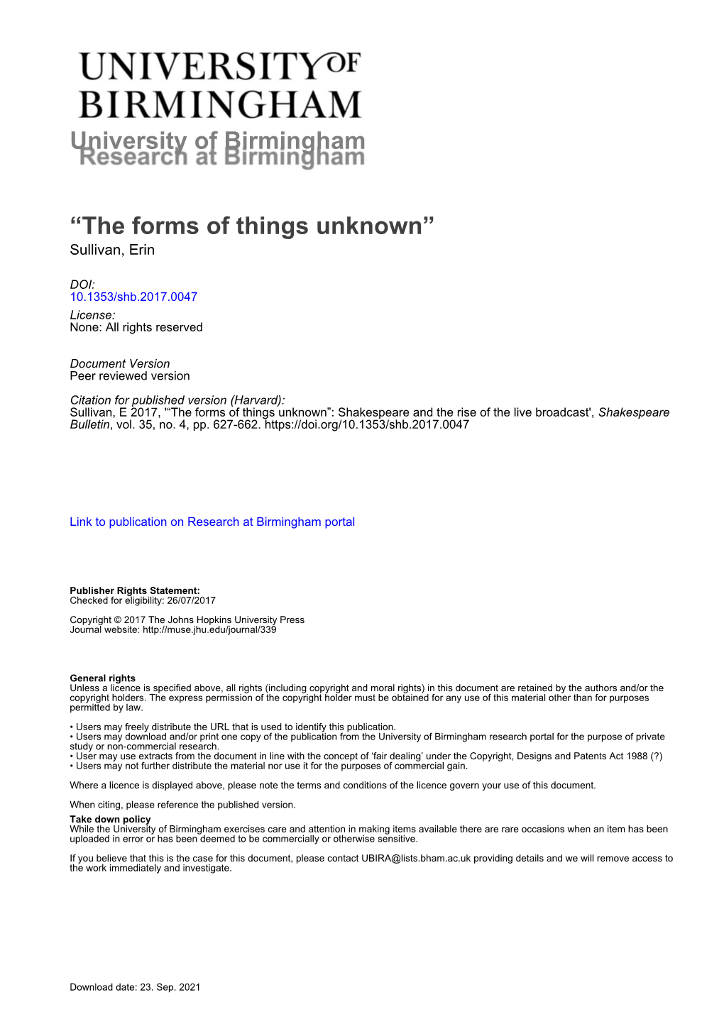 The Forms of Things Unknown” Sullivan, Erin