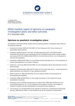 PDCO Monthly Report of Opinions on Paediatric Investigation Plans and Other Activities 8-11 December 2020