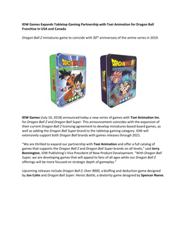 IDW Games Expands Tabletop Gaming Partnership with Toei Animation for Dragon Ball Franchise in USA and Canada