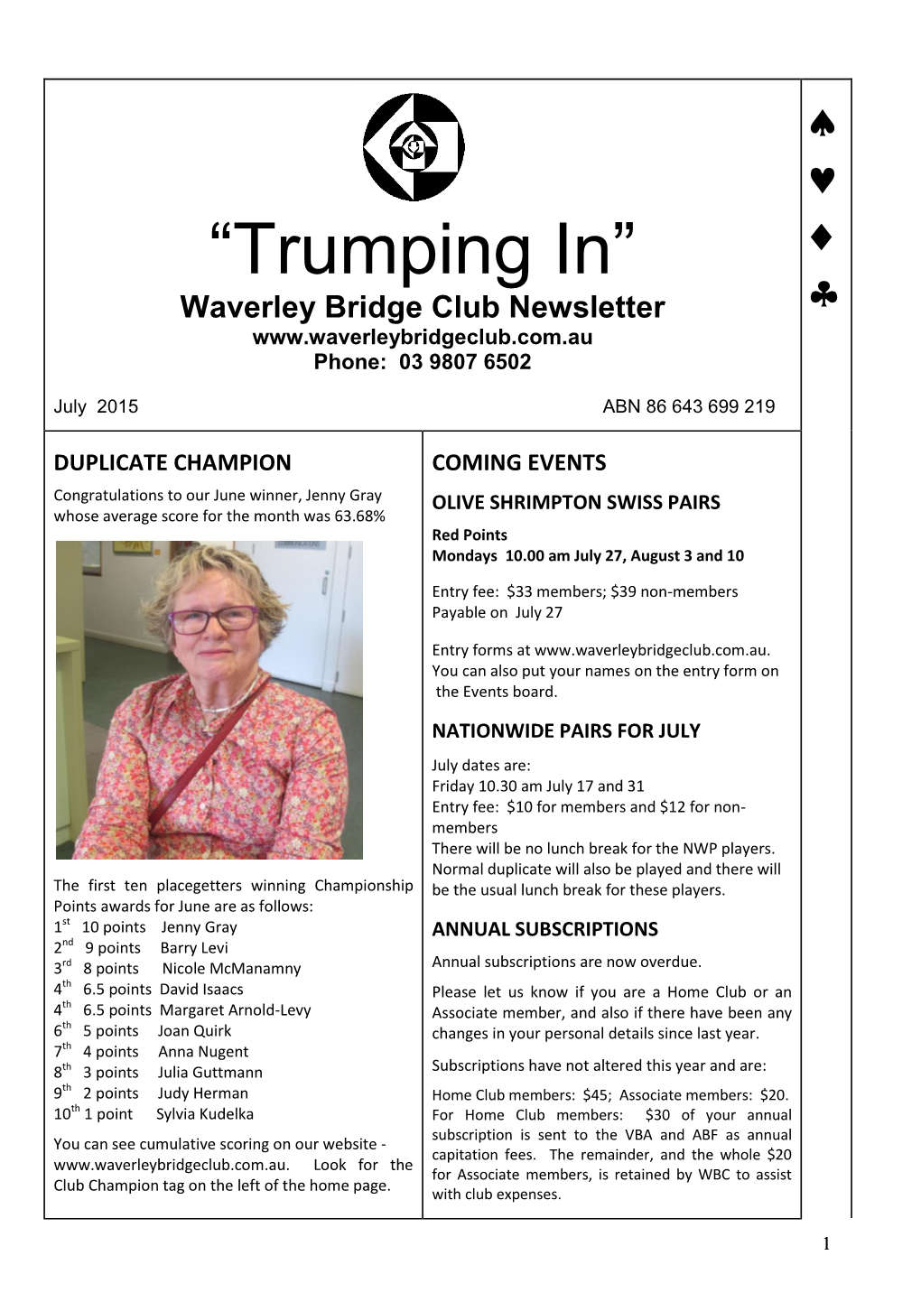 “Trumping In”  Waverley Bridge Club Newsletter