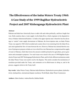 The Effectiveness of the Indus Waters Treaty 1960: a Case Study of the 1999 Baglihar Hydroelectric Project and 2007 Kishenganga Hydroelectric Plant