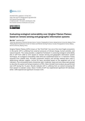 Evaluating Ecological Vulnerability Over Qinghai-Tibetan Plateau Based on Remote Sensing and Geographic Information Systems