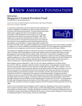 Singapore's Central Provident Fund a National Policy of Life-Long Asset Accounts