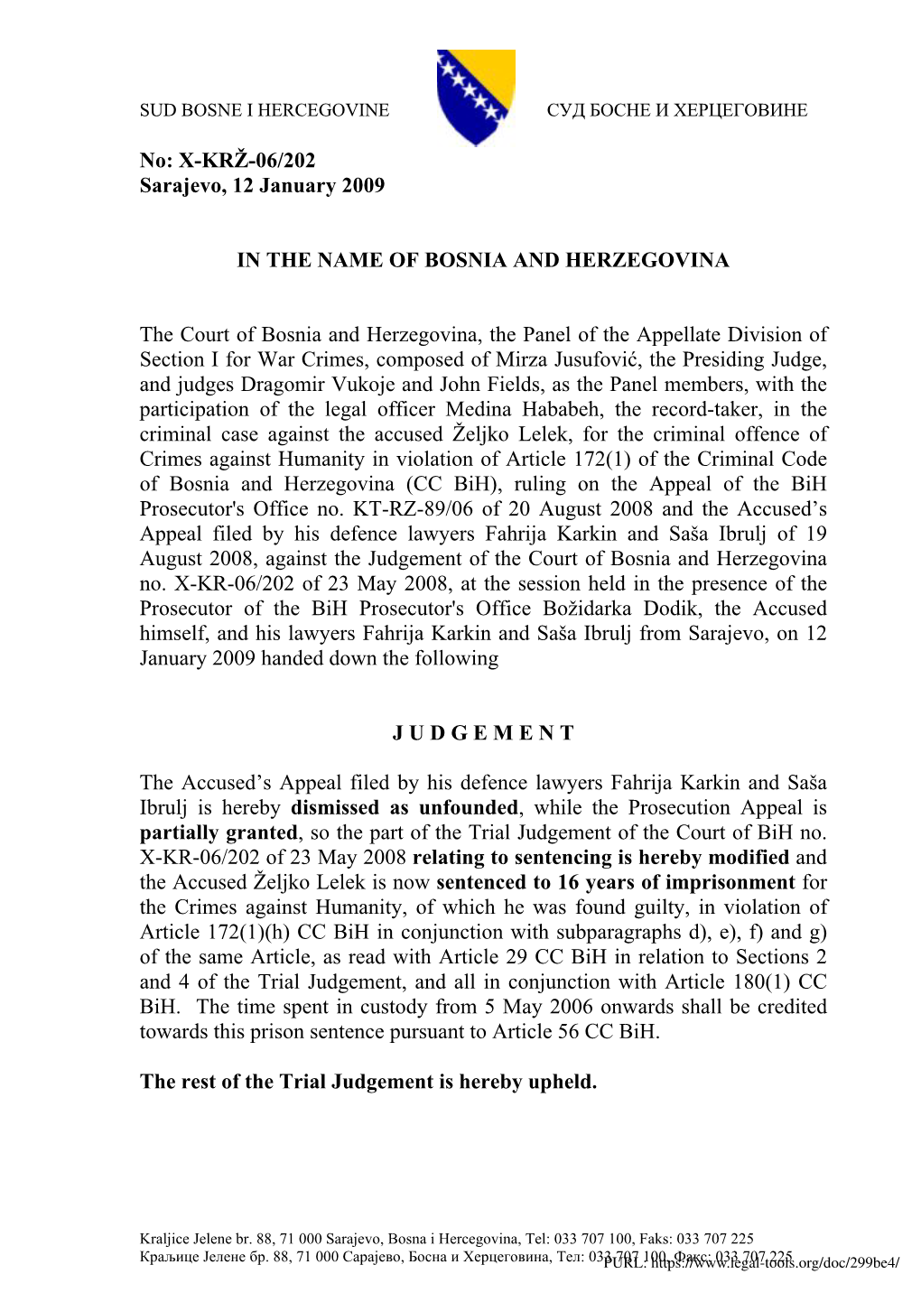 X-KRŽ-06/202 Sarajevo, 12 January 2009 in the NAME of BOSNIA