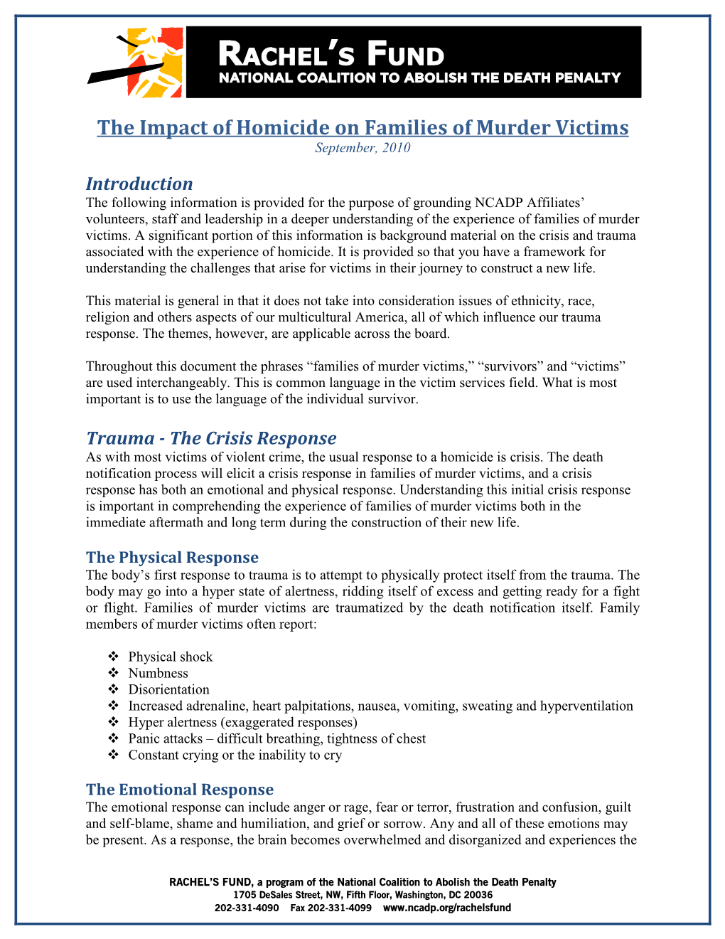 The Impact of Homicide on Families of Murder Victims September, 2010