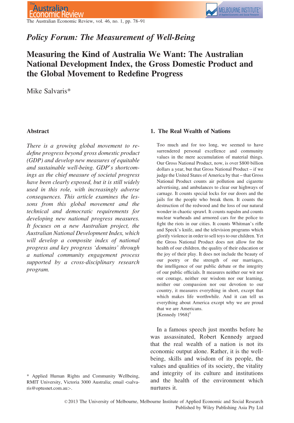 The Australian National Development Index, the Gross Domestic Product and the Global Movement to Redeﬁne Progress