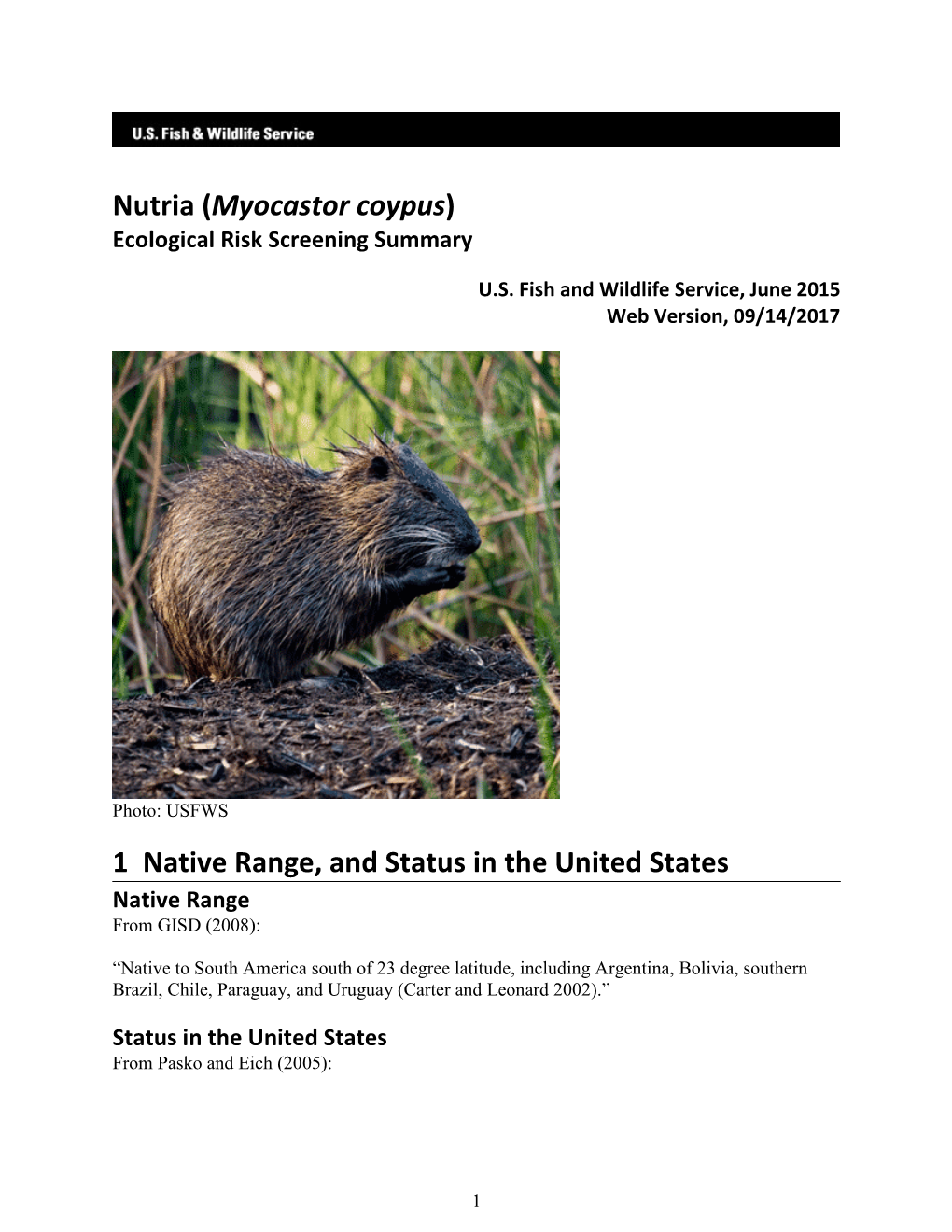 Myocastor Coypus) Ecological Risk Screening Summary