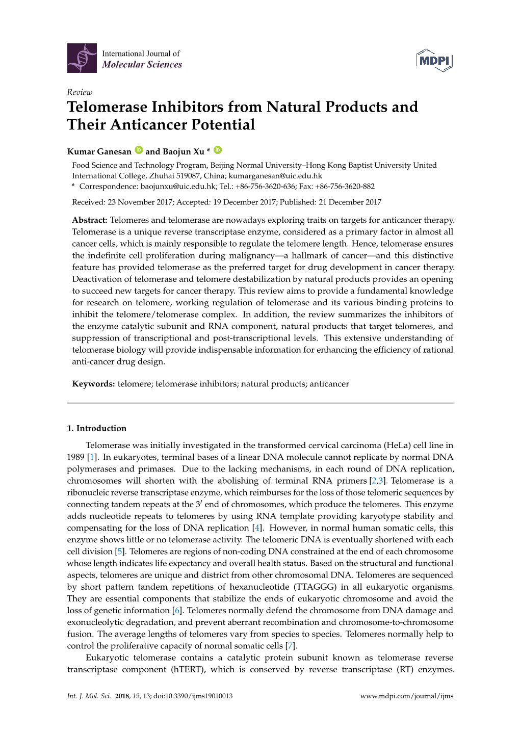 Telomerase Inhibitors from Natural Products and Their Anticancer Potential