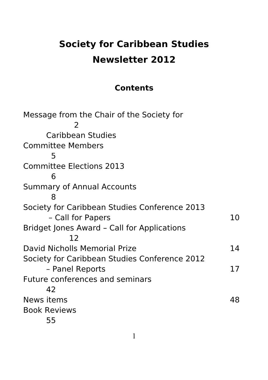 The Society for Caribbean Studies Newsletter