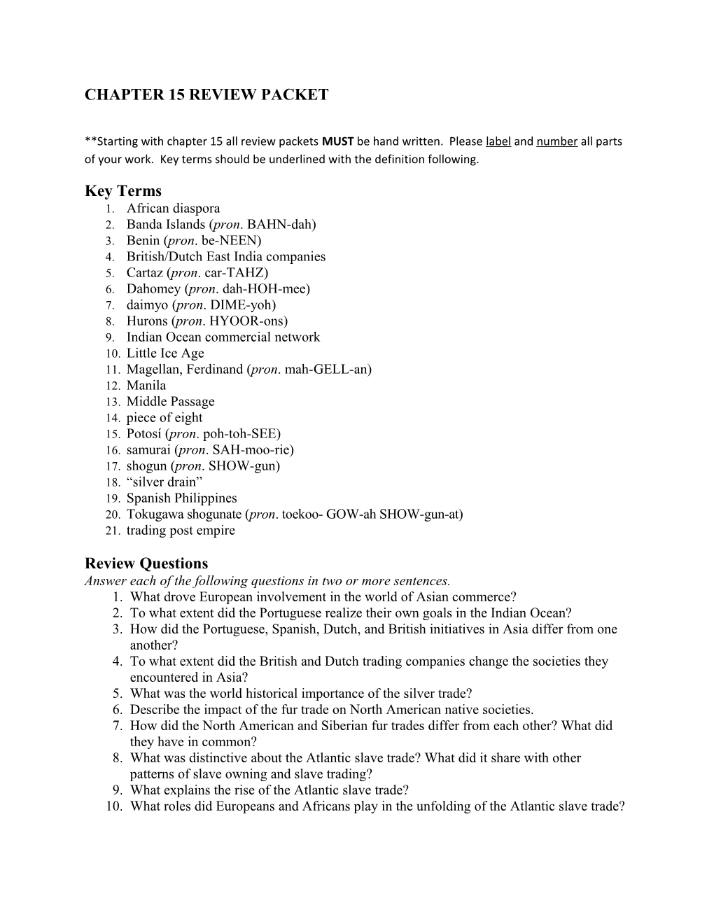 Chapter 15 Review Packet