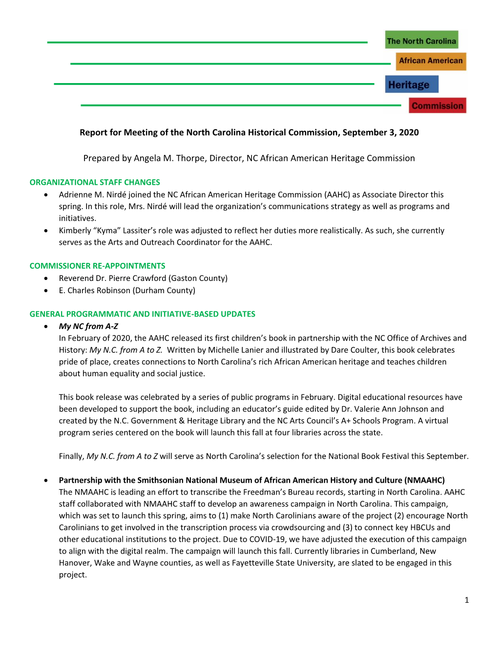 Report for Meeting of the North Carolina Historical Commission, September 3, 2020