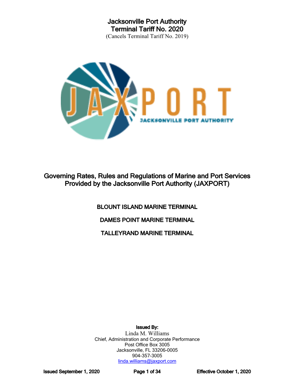 Jacksonville Port Authority Terminal Tariff No. 2020 Governing Rates