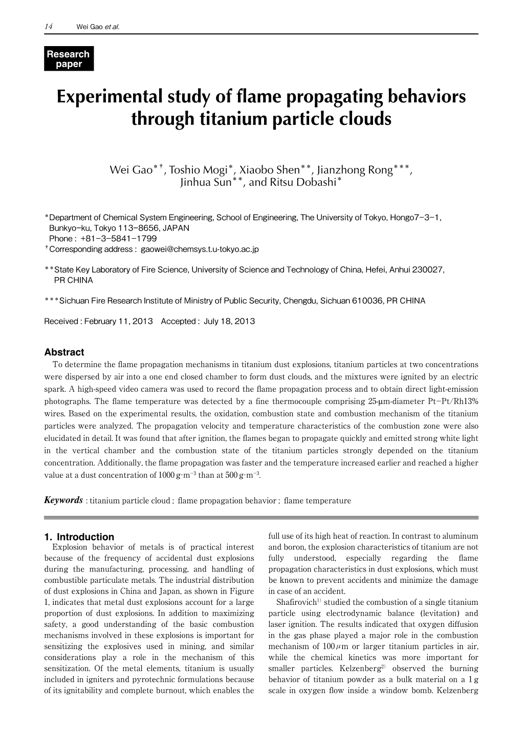 Experimental Study of Flame Propagating Behaviors Through Titanium Particle Clouds