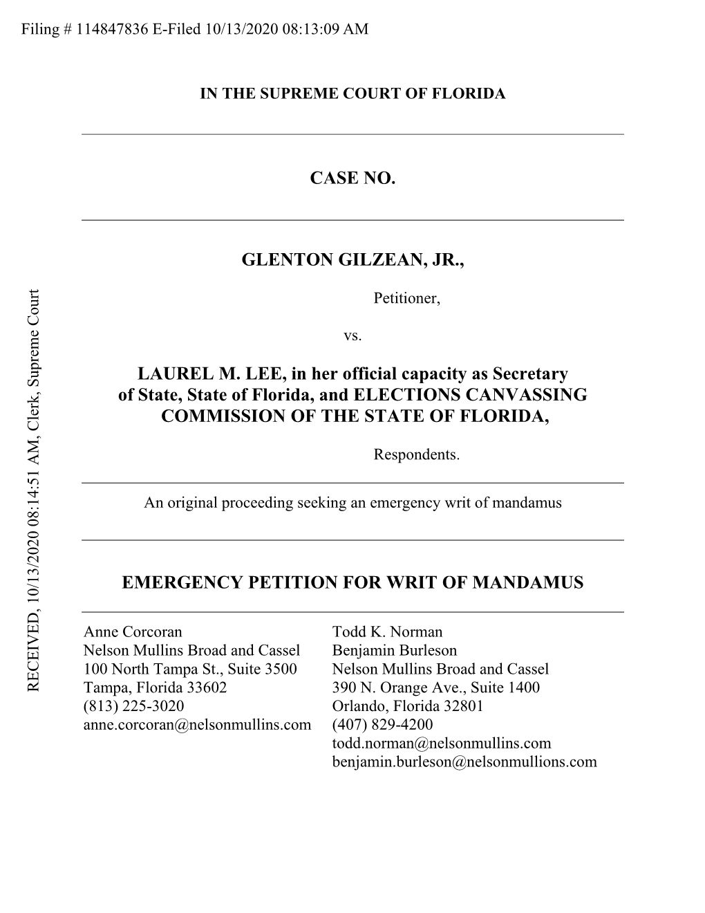 CASE NO. GLENTON GILZEAN, JR., LAUREL M. LEE, in Her Official