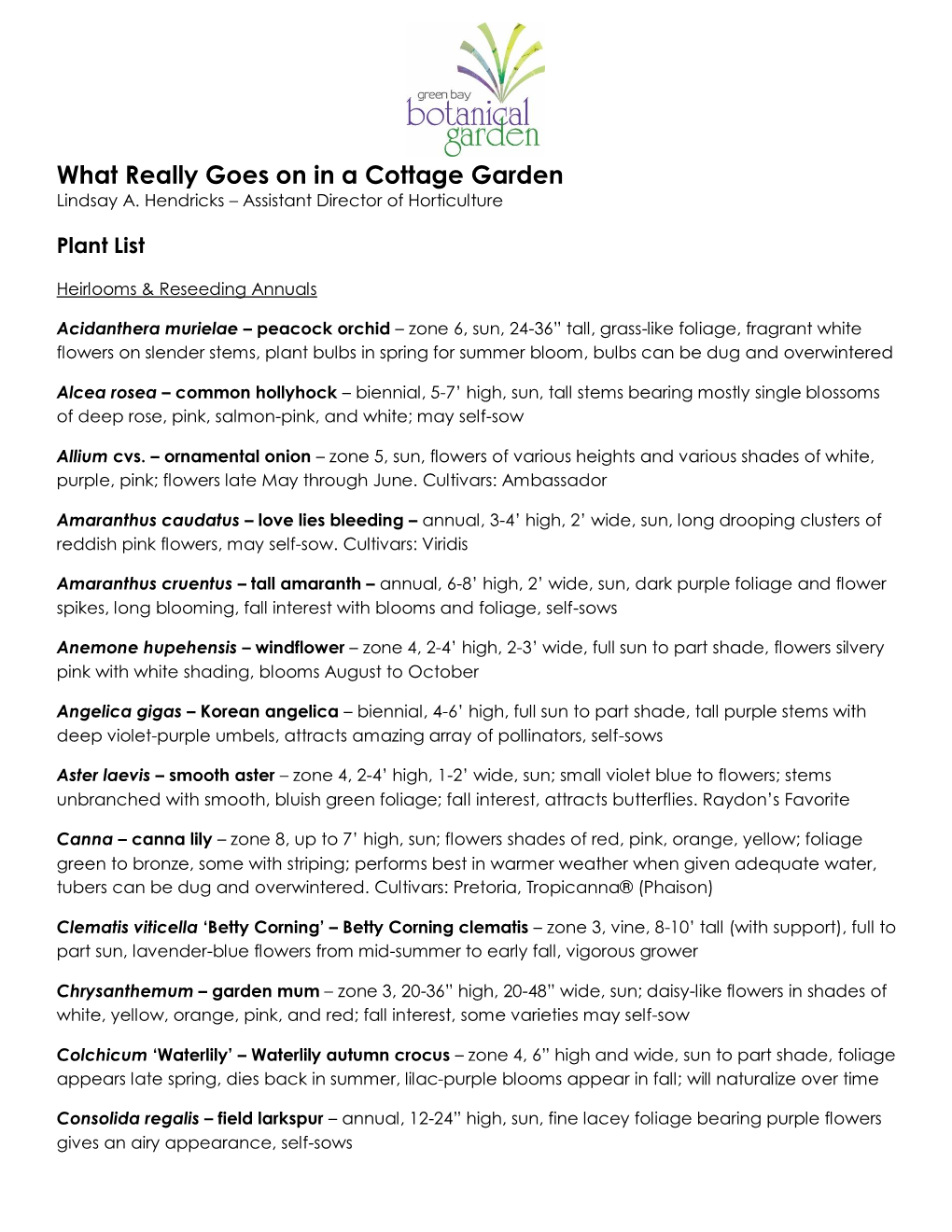 Cottage Garden – Plant List