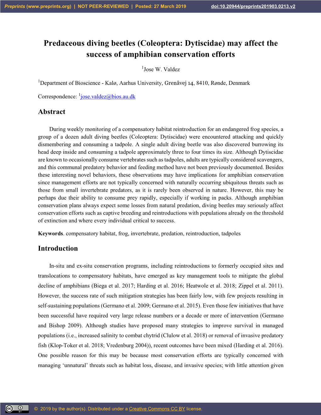 Predaceous Diving Beetles (Coleoptera: Dytiscidae) May Affect the Success of Amphibian Conservation Efforts