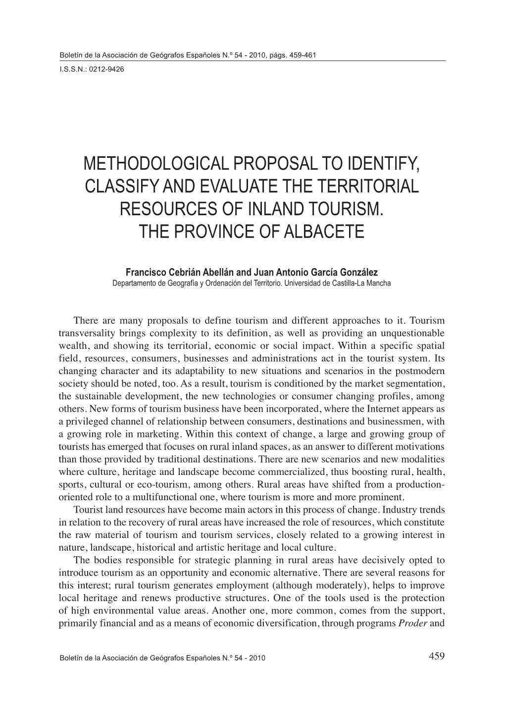 Methodological Proposal to Identify, Classify and Evaluate the Territorial Resources of Inland Tourism