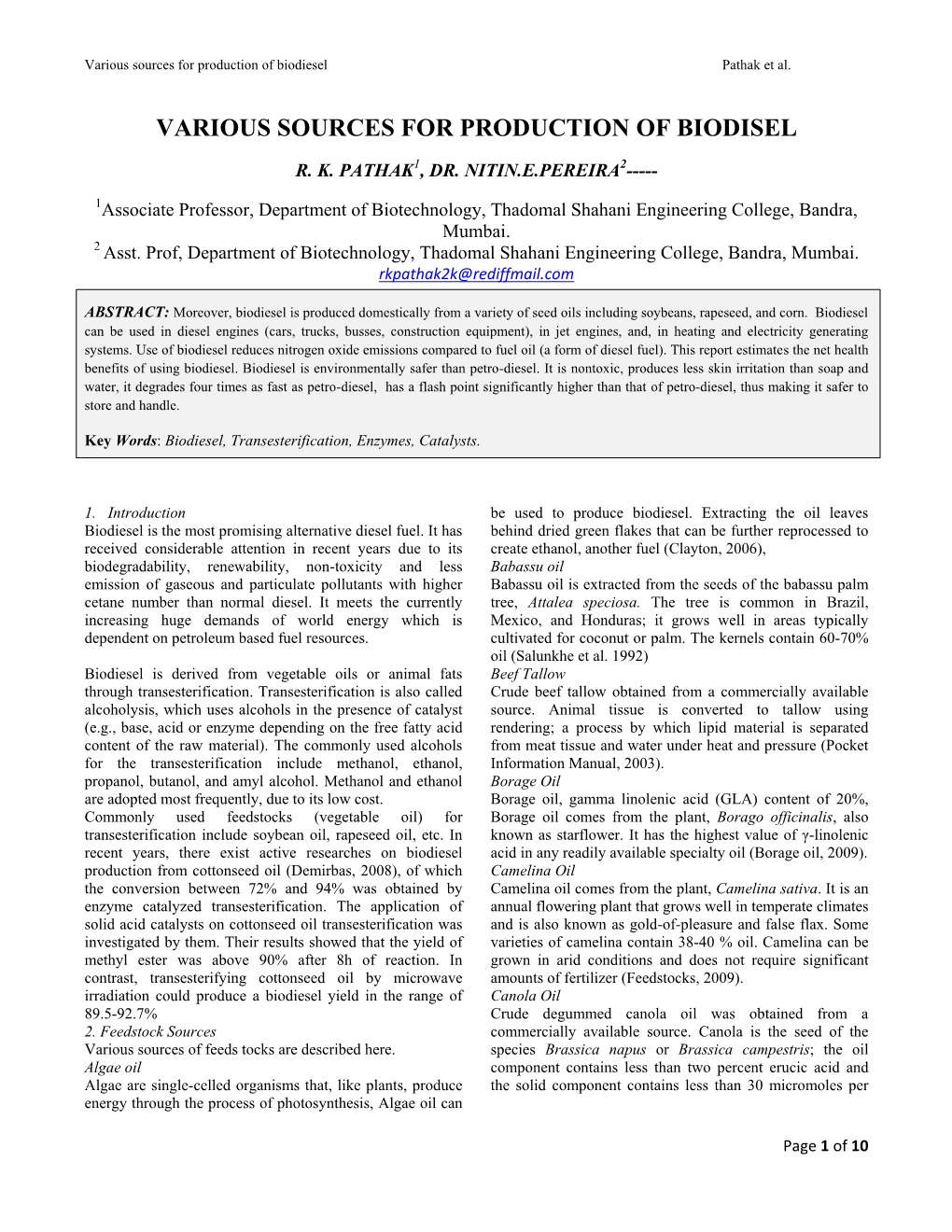 Various Sources for Production of Biodisel