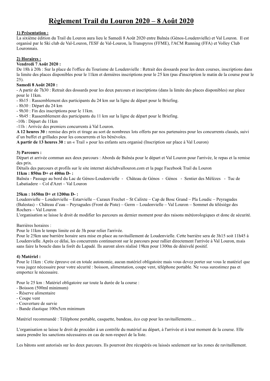 Règlement Trail Du Louron 2020 – 8 Août 2020