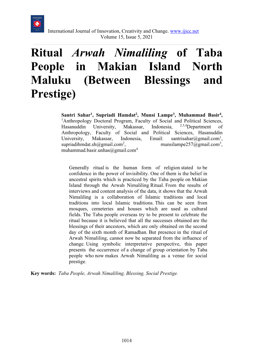 Ritual Arwah Nimaliling of Taba People in Makian Island North Maluku (Between Blessings and Prestige)