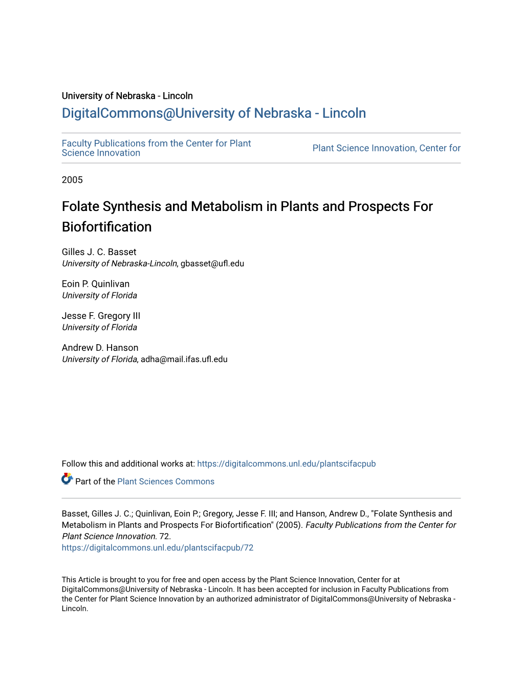 Folate Synthesis and Metabolism in Plants and Prospects for Biofortification