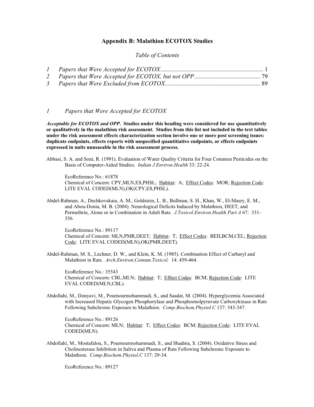 Appendix B: Malathion ECOTOX Studies