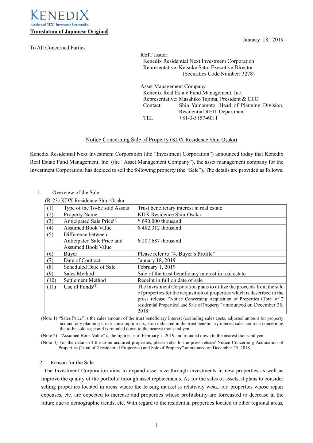 Notice Concerning Sale of Property (KDX Residence Shin-Osaka)