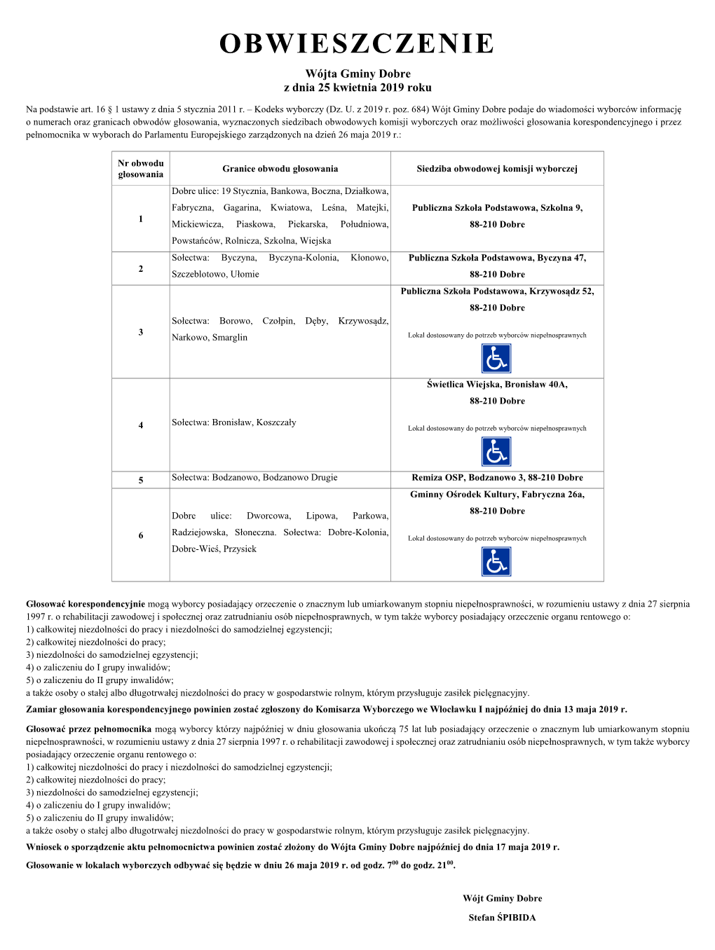 OBWIESZCZENIE Wójta Gminy Dobre Z Dnia 25 Kwietnia 2019 Roku