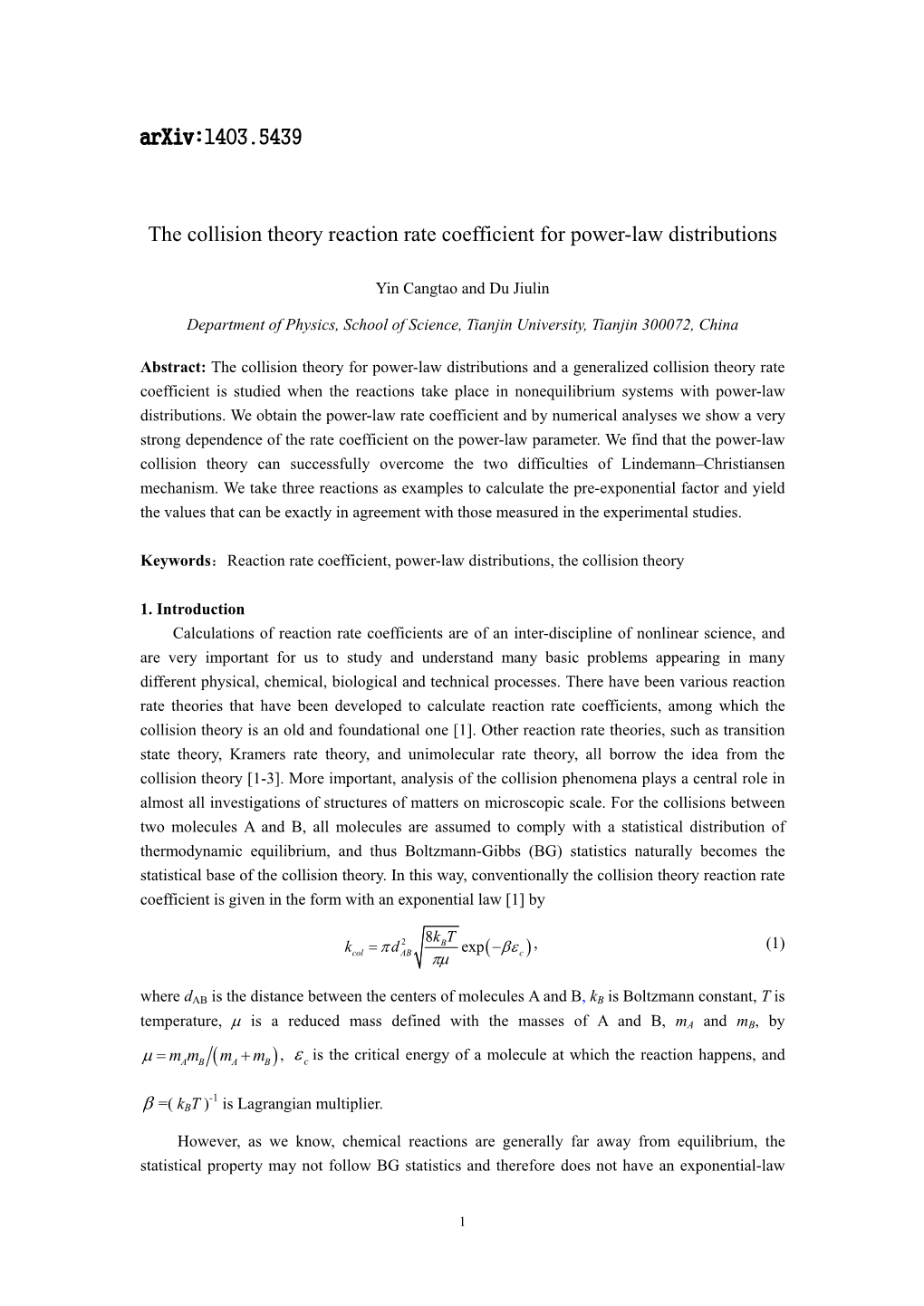 The Collision Theory Reaction Rate Coefficient for Power-Law Distributions