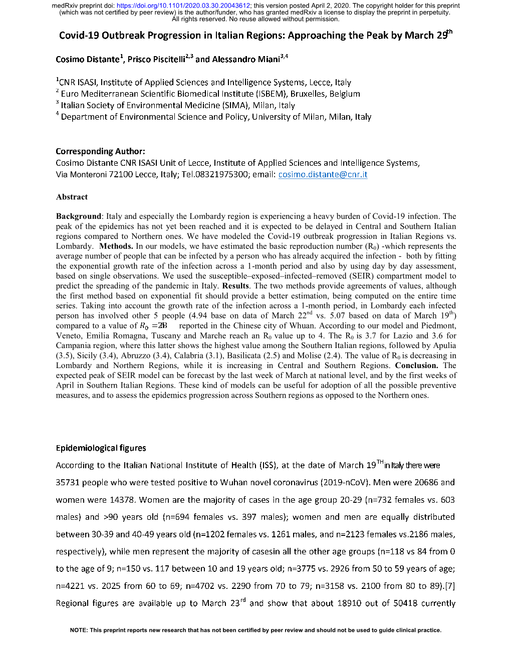 Covid-19 Outbreak Progression in Italian Regions: Approaching the Peak by March 29 Th