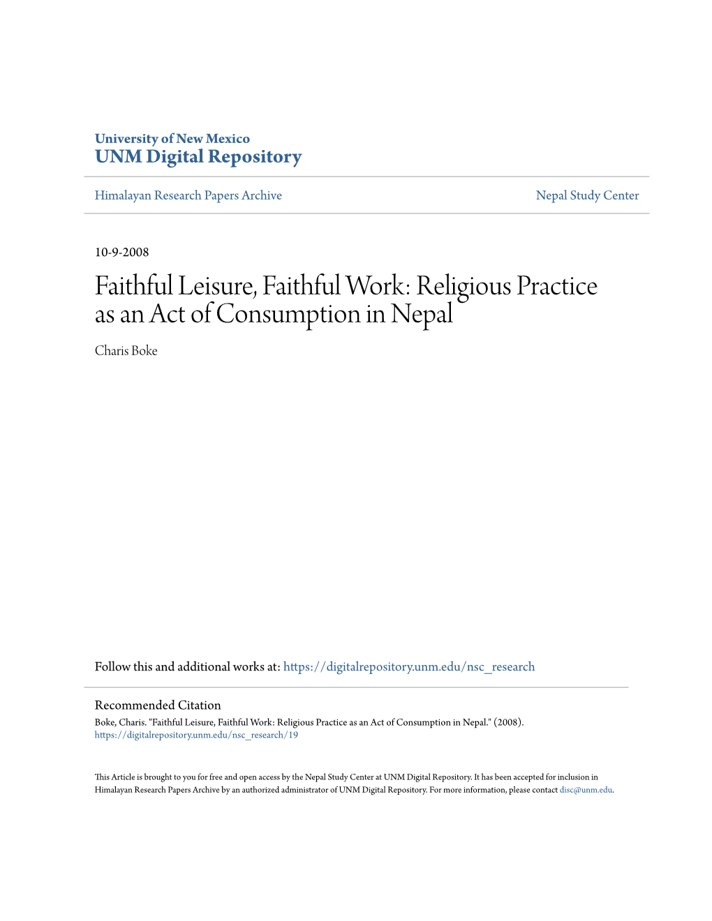 Faithful Leisure, Faithful Work: Religious Practice As an Act of Consumption in Nepal Charis Boke