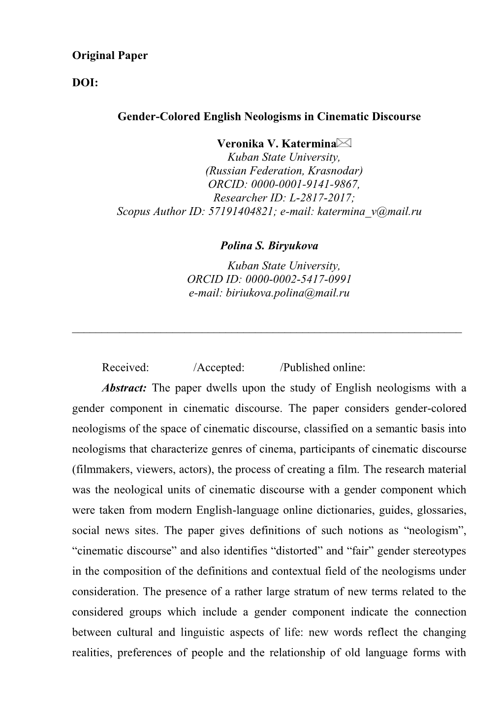 Gender-Colored English Neologisms in Cinematic Discourse Veronika V