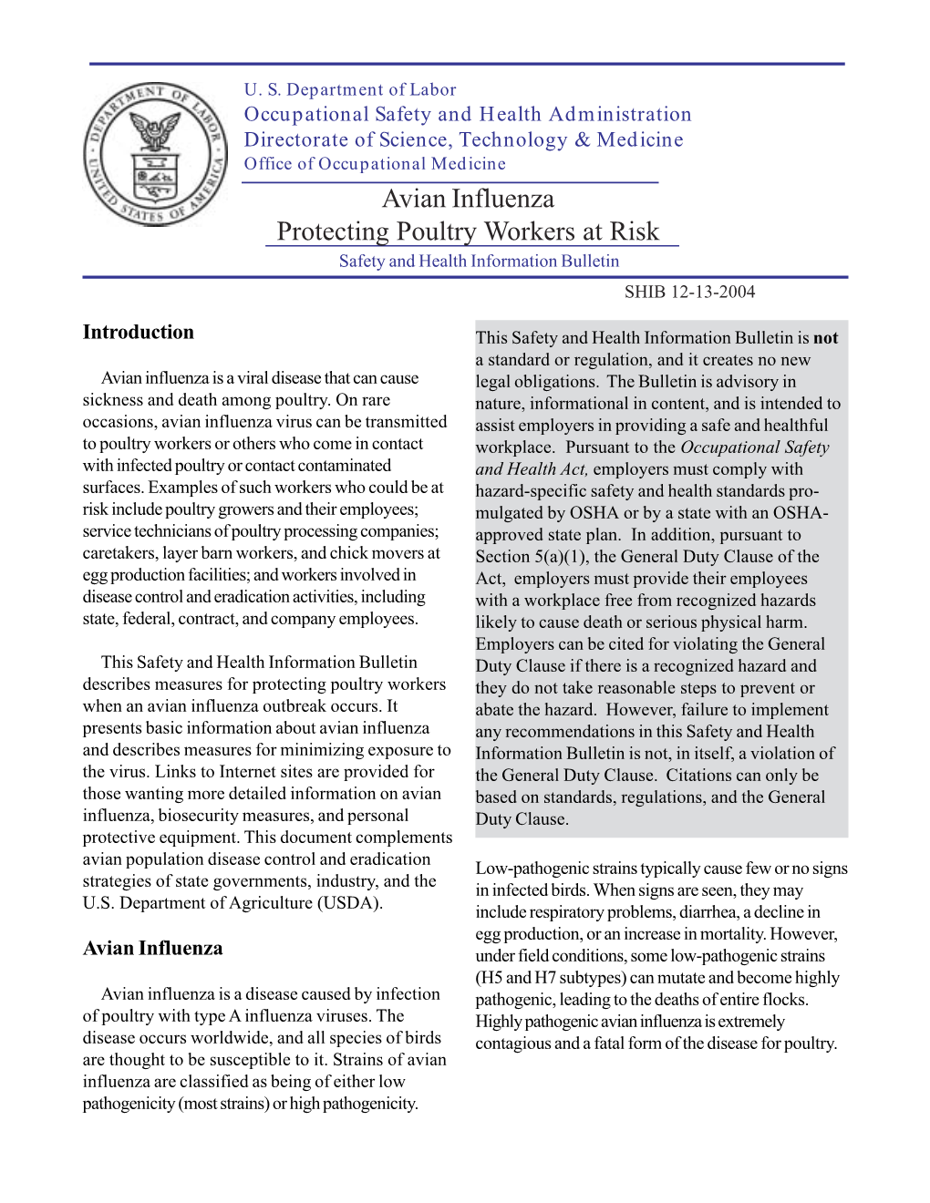 Avian Influenza Protecting Poultry Workers at Risk Safety and Health Information Bulletin SHIB 12-13-2004