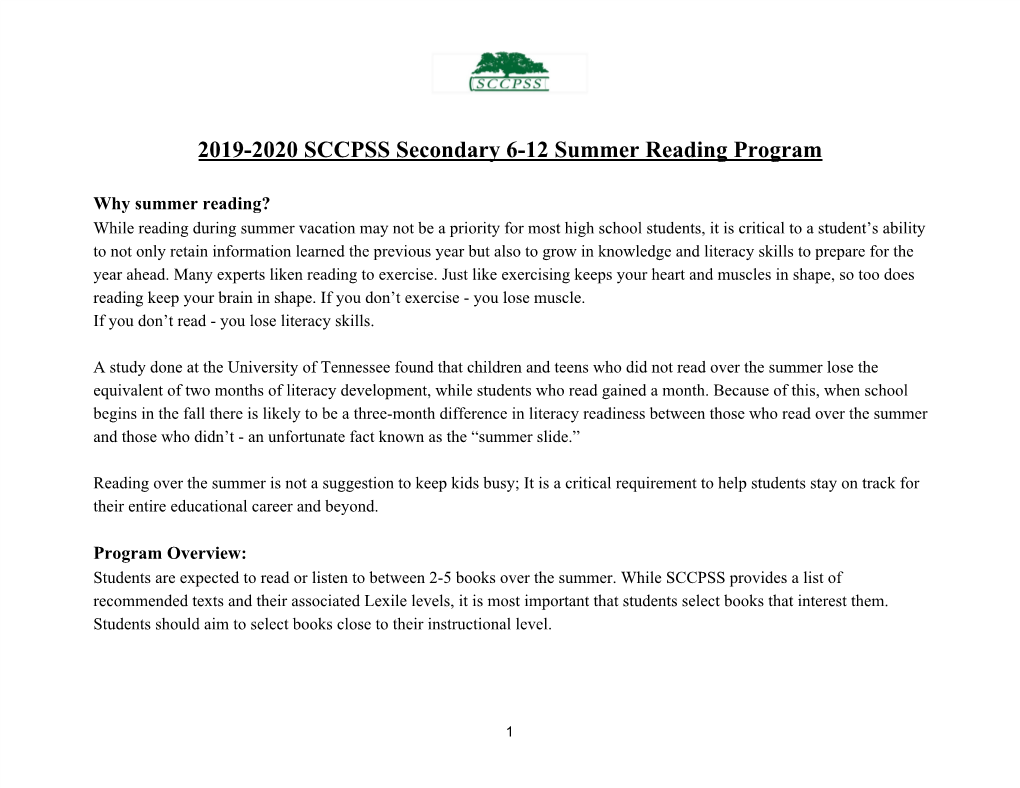 2019-2020 SCCPSS Secondary 6-12 Summer Reading Program