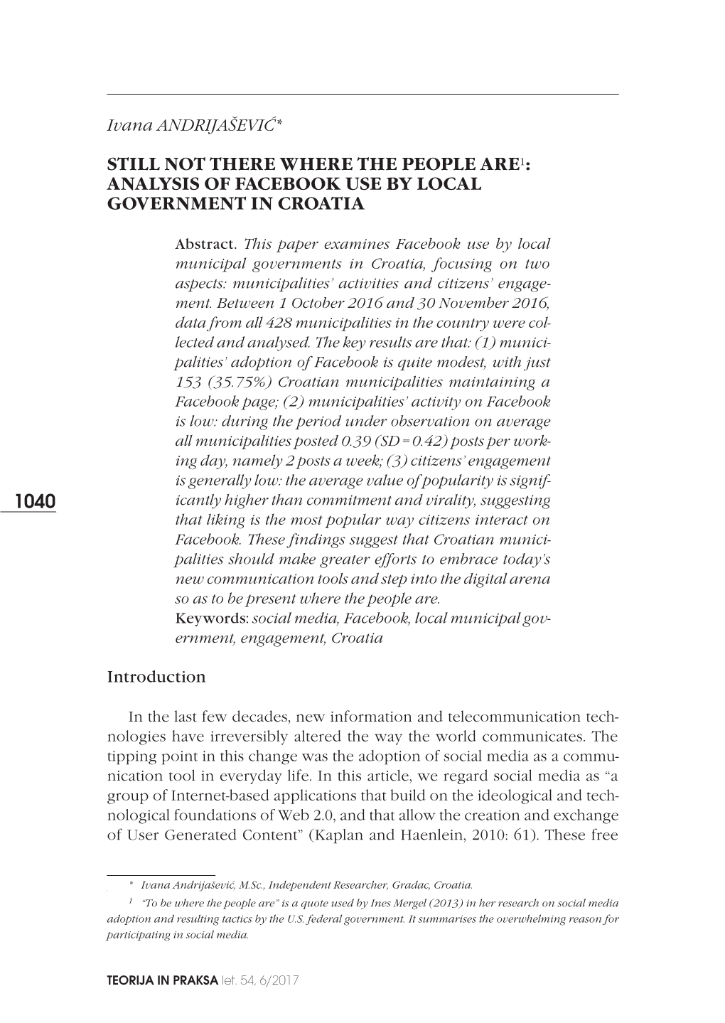 Analysis of Facebook Use by Local Government in Croatia