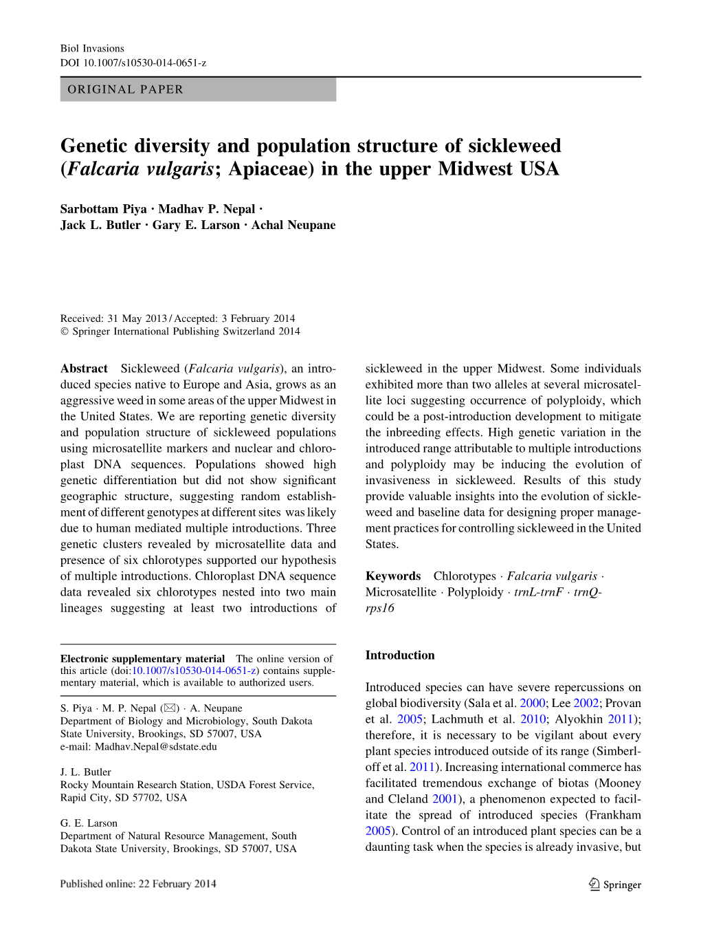 Genetic Diversity and Population Structure of Sickleweed (Falcaria Vulgaris; Apiaceae) in the Upper Midwest USA