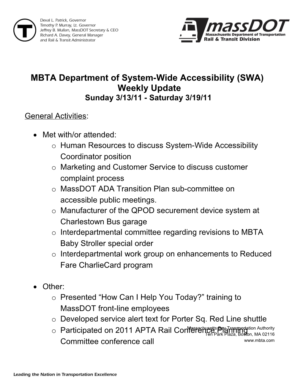 MBTA Department of System-Wide Accessibility (SWA)