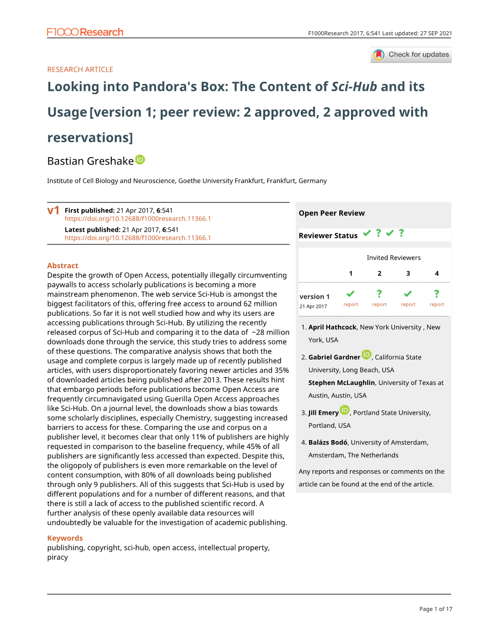 The Content of Sci-Hub and Its Usage[Version 1; Peer Review: 2