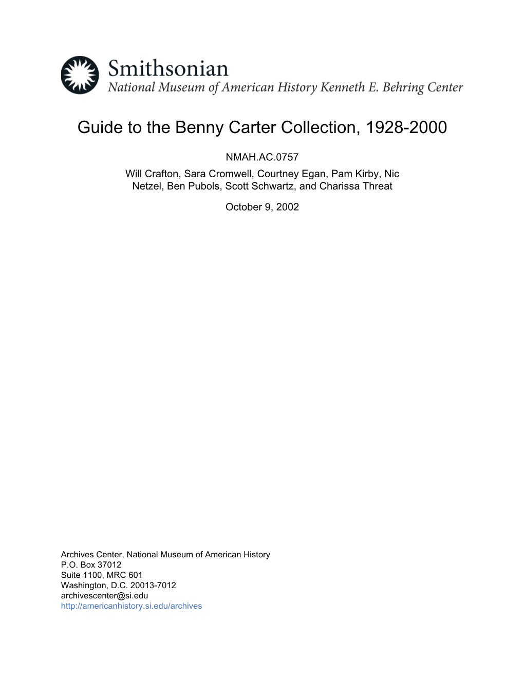 Guide to the Benny Carter Collection, 1928-2000