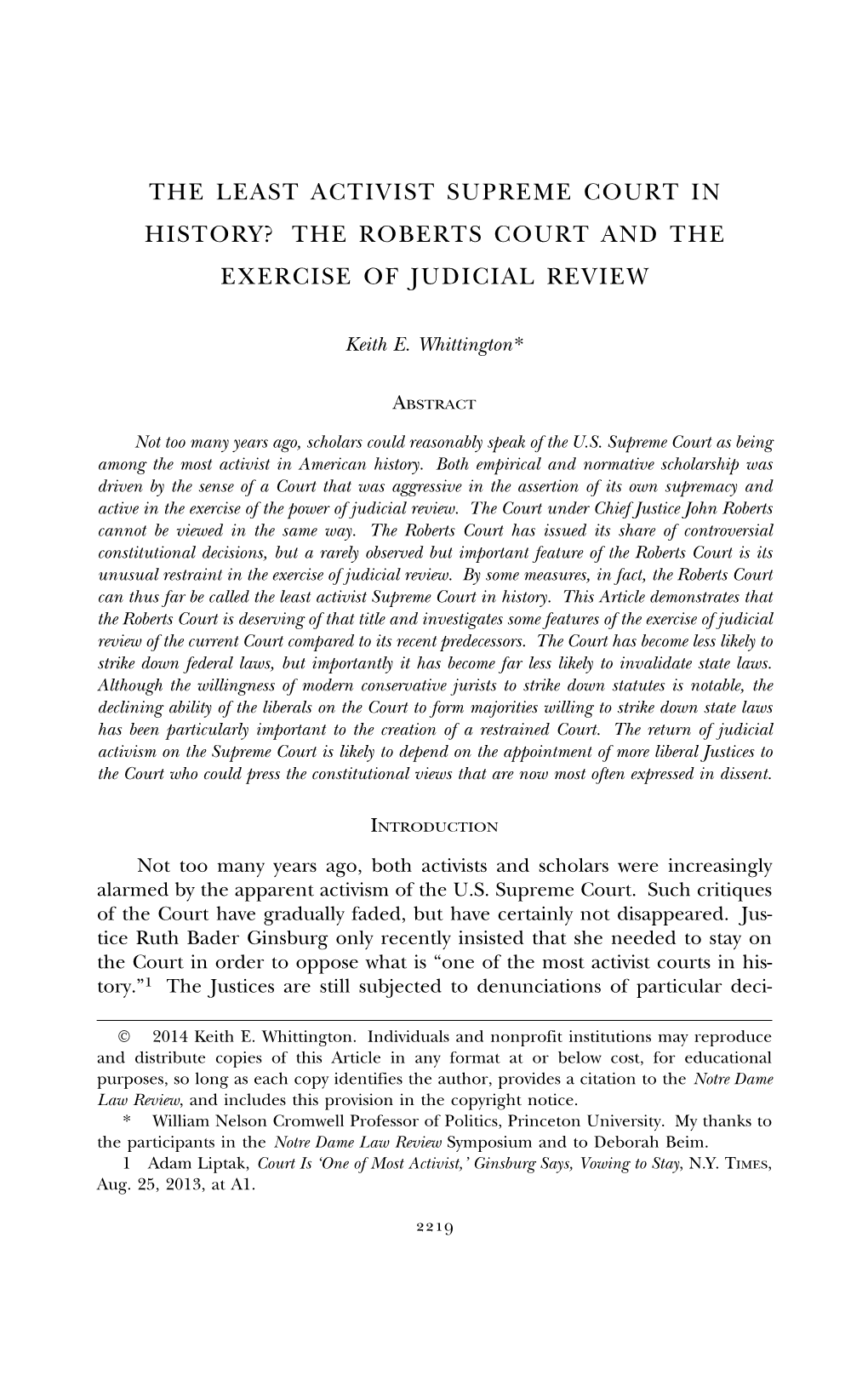 The Least Activist Supreme Court in History? the Roberts Court and the Exercise of Judicial Review