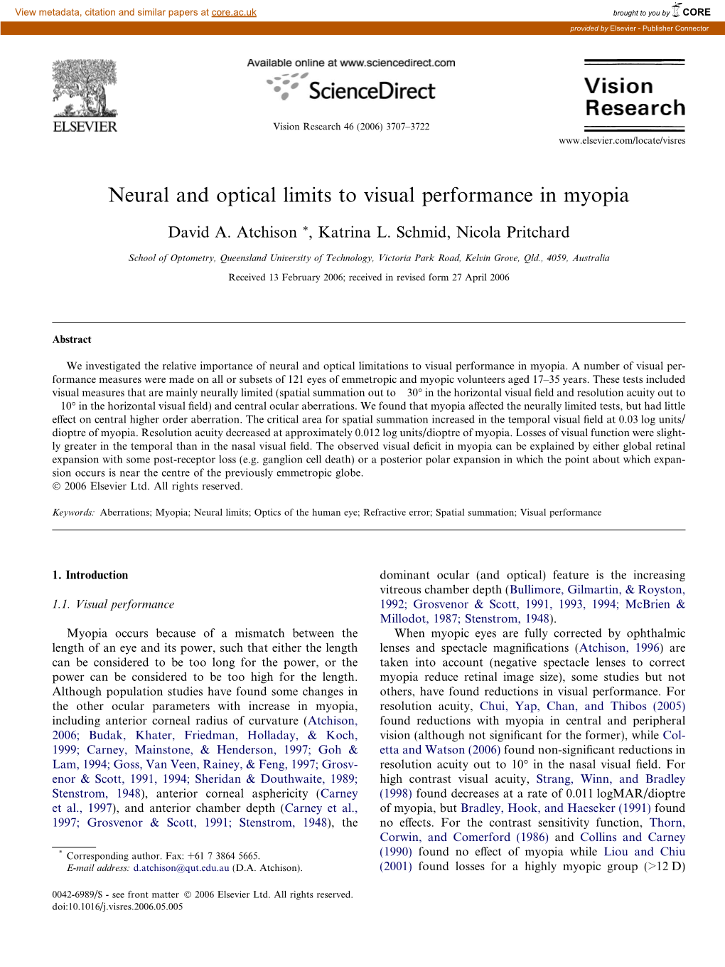 Neural and Optical Limits to Visual Performance in Myopia