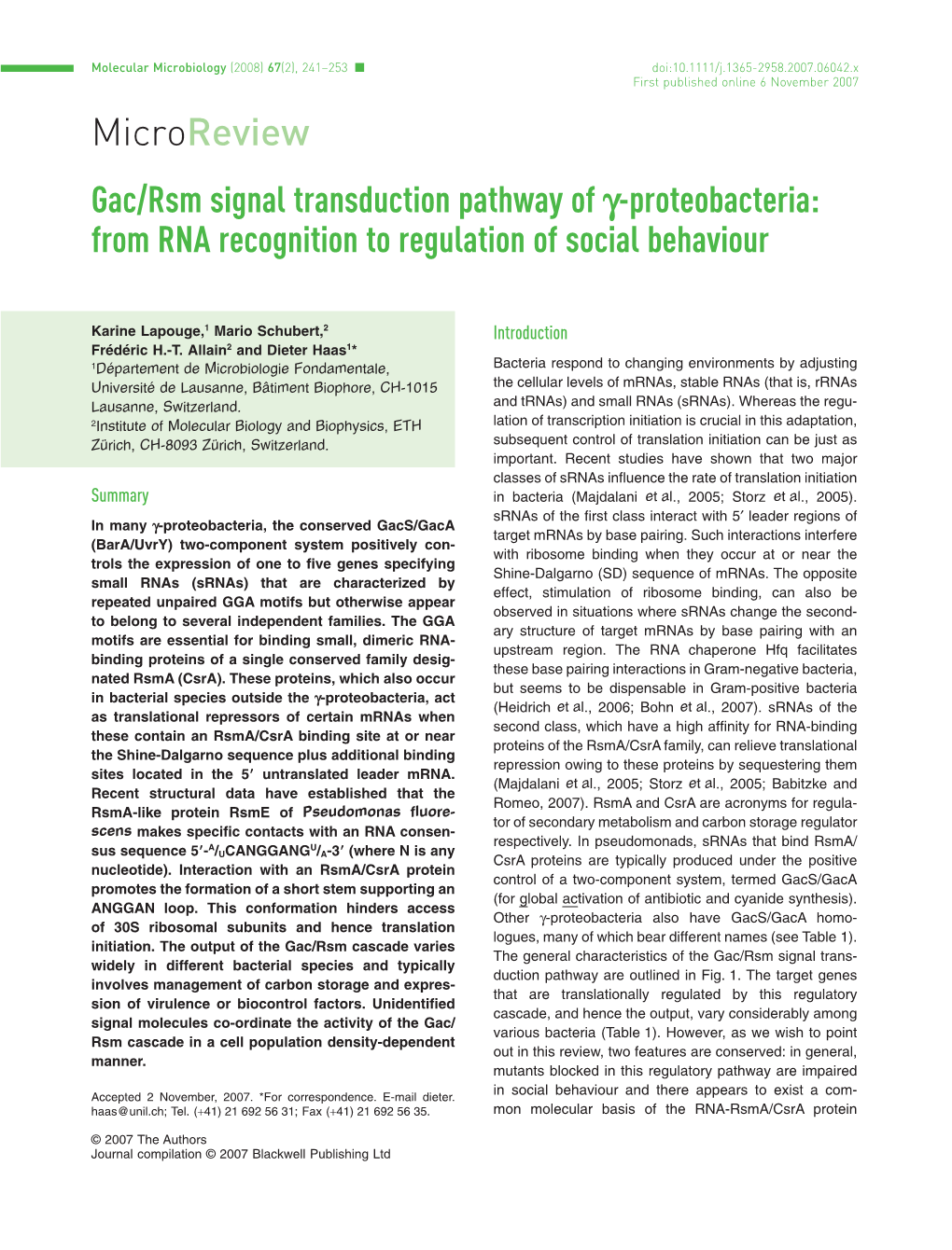 Microreview Gac/Rsm Signal Transduction Pathway of G-Proteobacteria: from RNA Recognition to Regulation of Social Behaviour