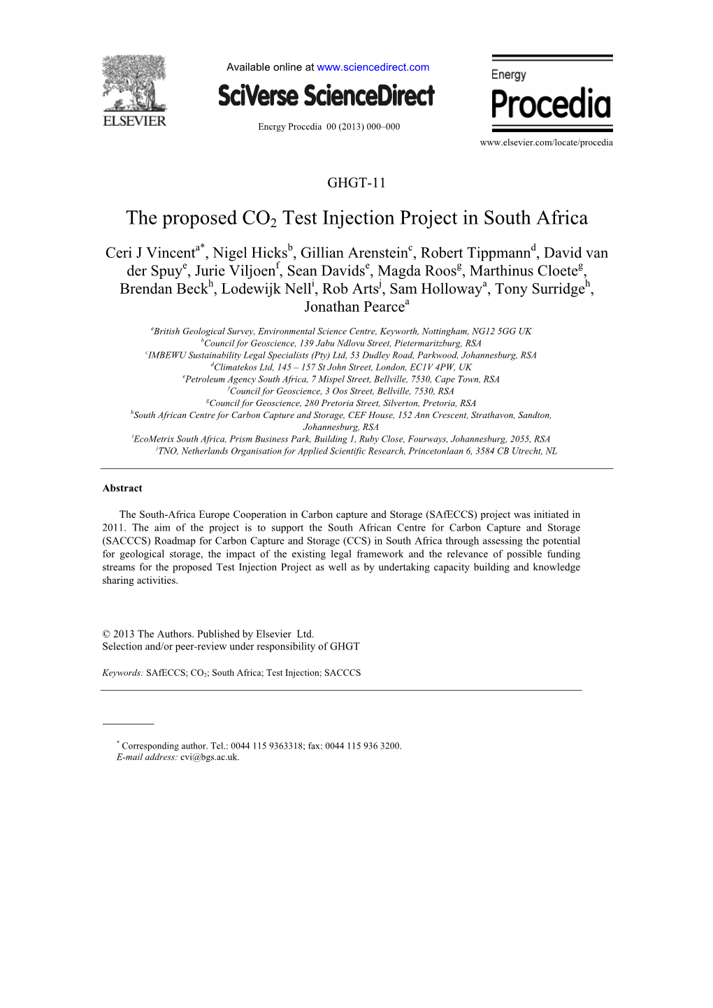 The Proposed CO2 Test Injection Project in South Africa