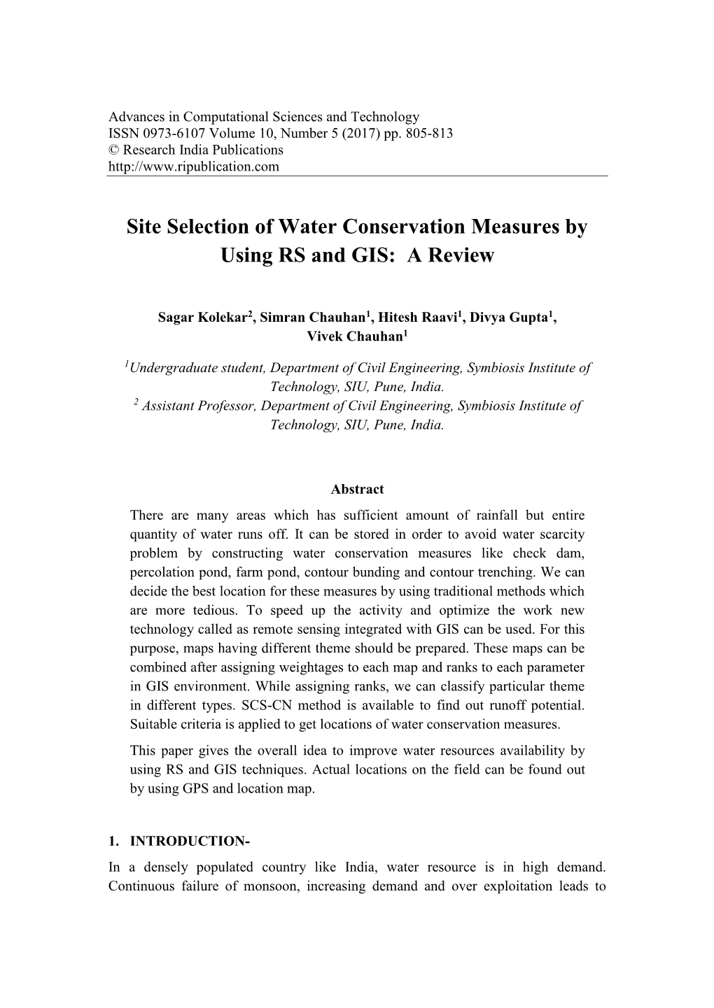 Site Selection of Water Conservation Measures by Using RS and GIS: a Review