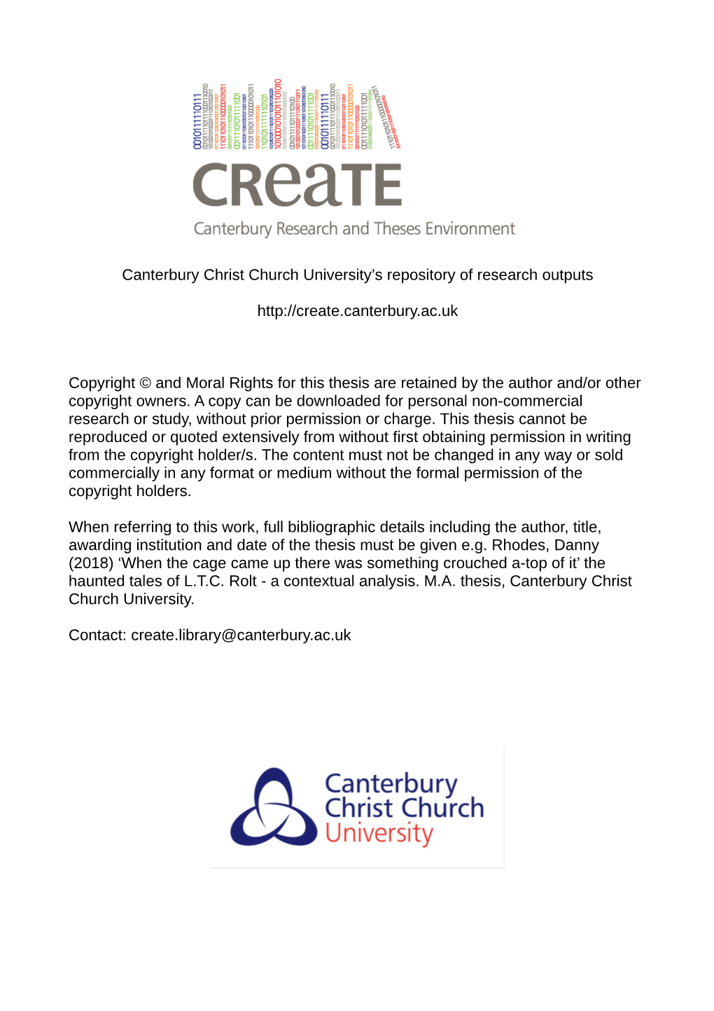 Canterbury Christ Church University's Repository of Research Outputs Copyright © and Moral