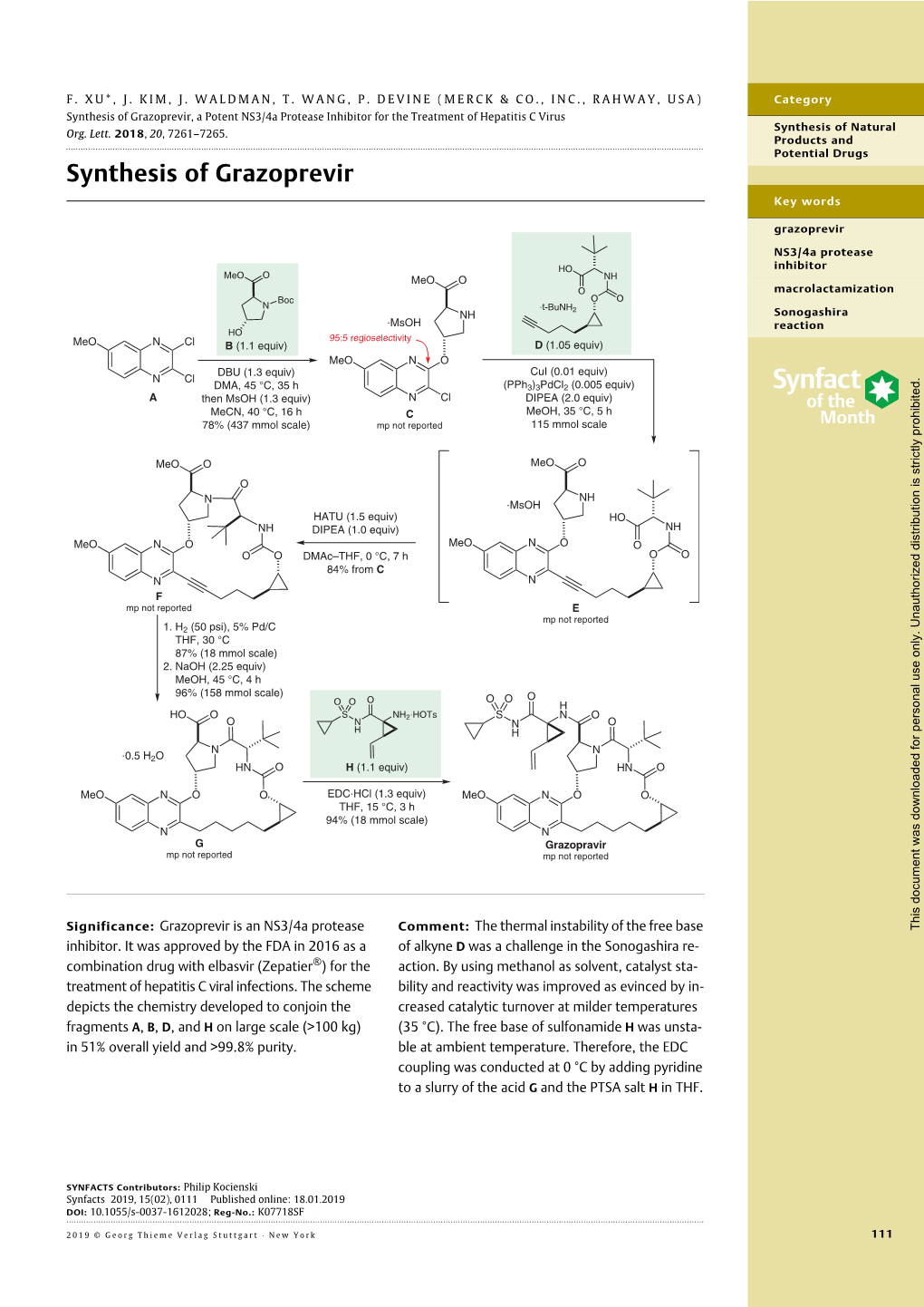 Synthesis of Grazoprevir, a Potent NS3/4A Protease Inhibitor for the Treatment of Hepatitis C Virus Synthesis of Natural Org