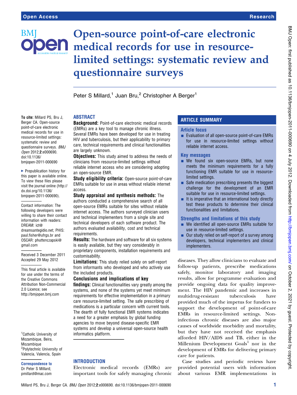 Open-Source Point-Of-Care Electronic Medical Records for Use in Resource- Limited Settings: Systematic Review and Questionnaire Surveys