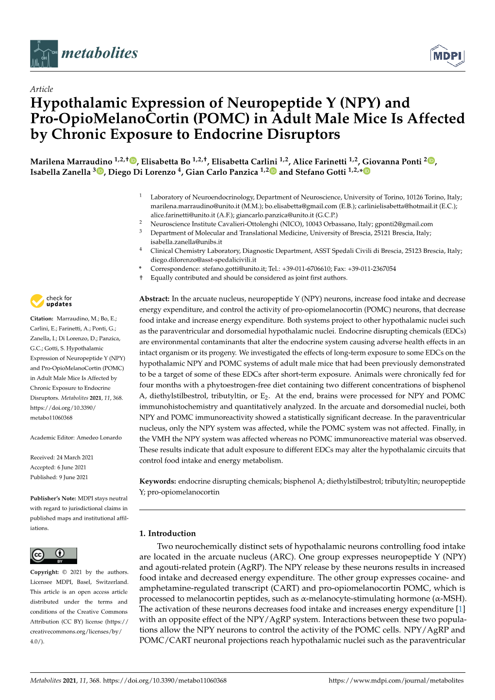 POMC) in Adult Male Mice Is Affected by Chronic Exposure to Endocrine Disruptors