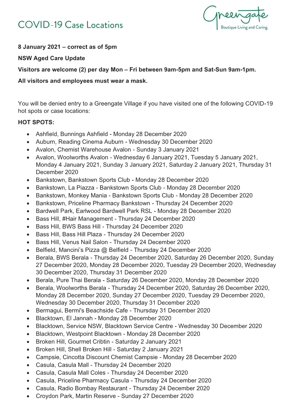 8 January 2021 – Correct As of 5Pm NSW Aged Care Update Visitors Are Welcome (2) Per Day Mon – Fri Between 9Am-5Pm and Sat-Sun 9Am-1Pm